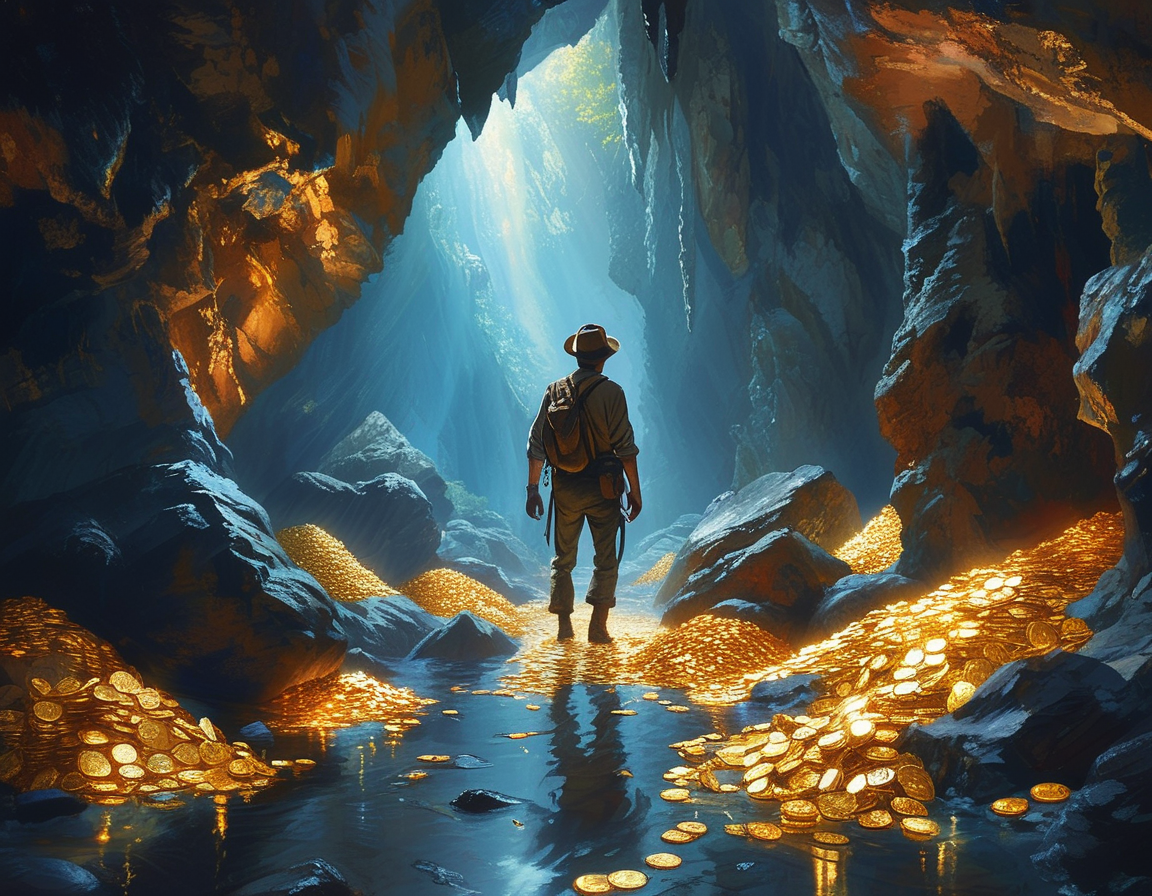 An explorer with a determined look on their face, holding a flashlight, carefully navigating through a tropical jungle, with the shadowy figure of a snake lurking amidst the lush greenery, representing the unexpected challenges of treasure hunting.