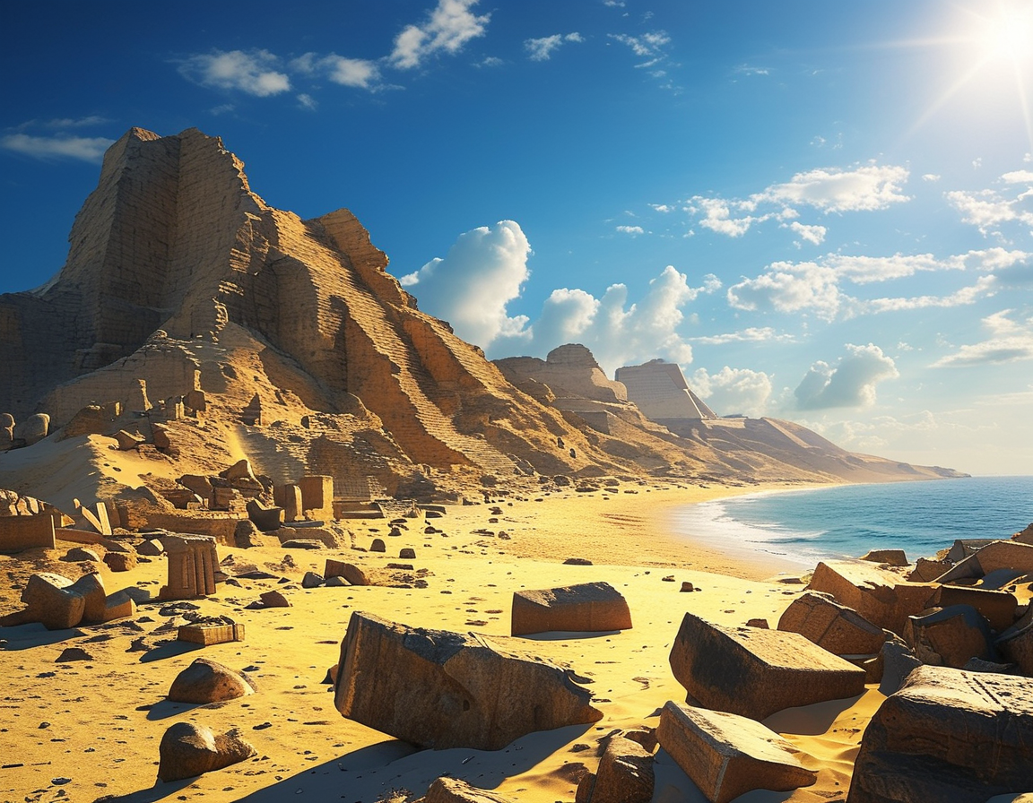 An archaeological excavation site in Egypt, showcasing the ruins of the Lost Golden City with artifacts scattered around, under golden sands and the bright sun.