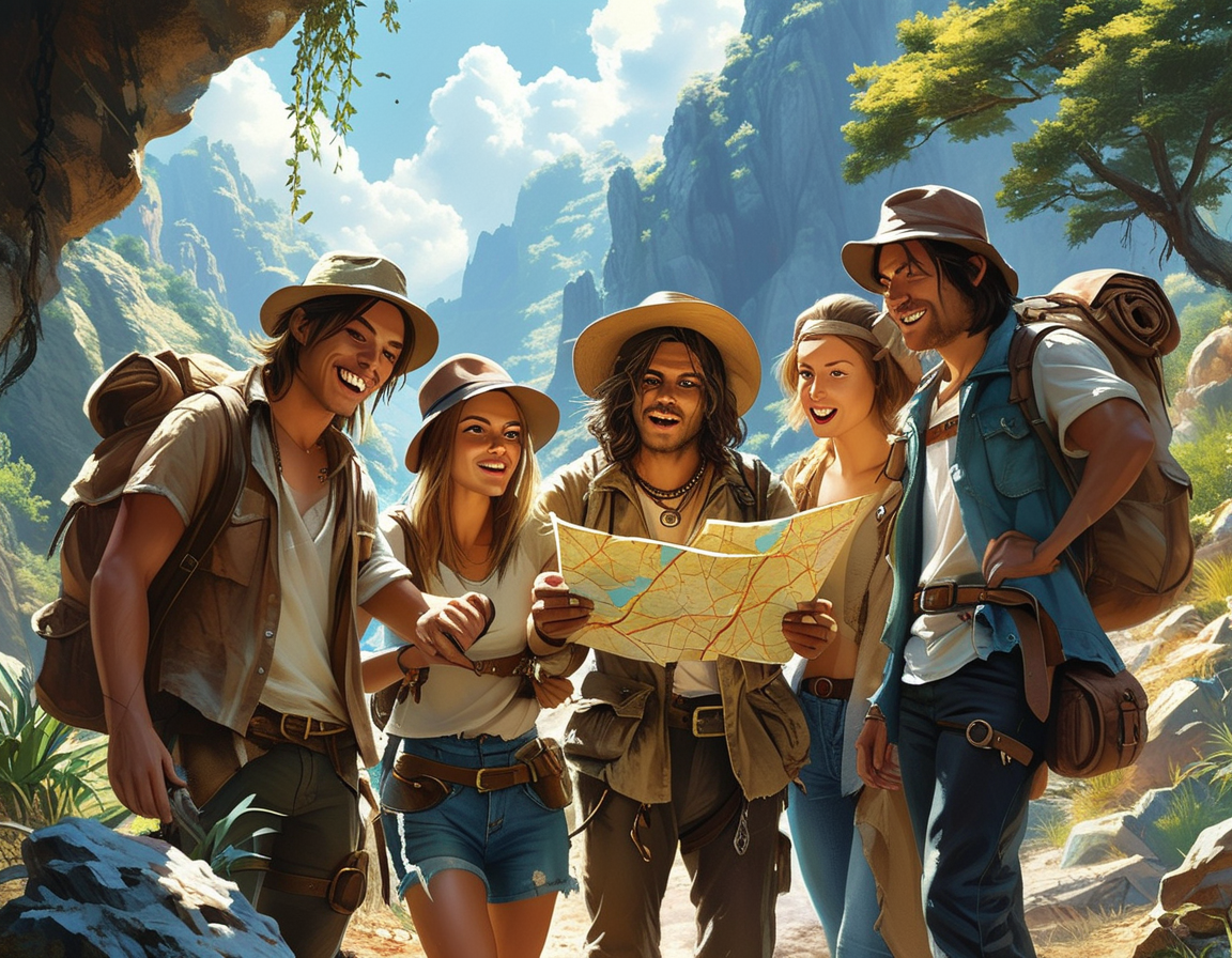 A diverse group of adventurers searching for treasure in a scenic outdoor location, equipped with maps and clues, showcasing the excitement and teamwork involved in the hunt.