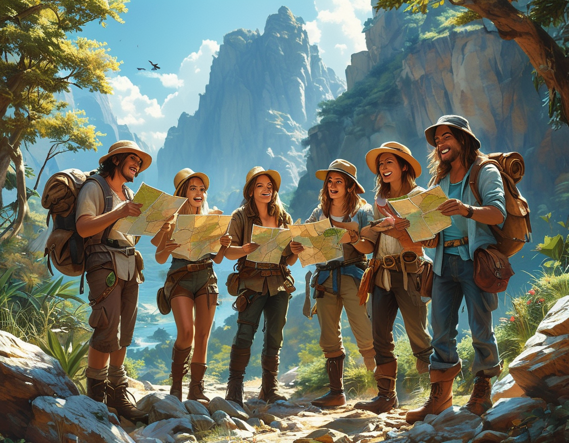 A treasure chest partially open, revealing glittering jewels and historical artifacts like a gold medal and an emerald, set against a backdrop of beautiful natural scenery.
