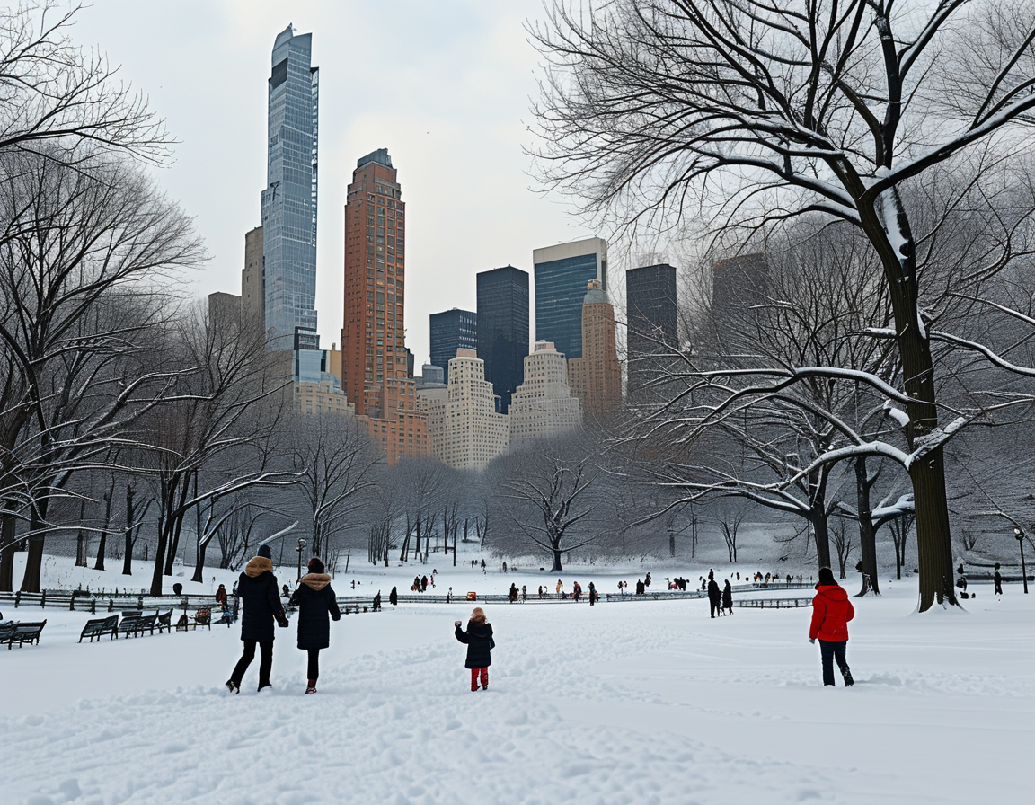 A picturesque view of Central Park blanketed in fresh snow with families playing and enjoying the winter scene, capturing the joy of a white Christmas in New York City.