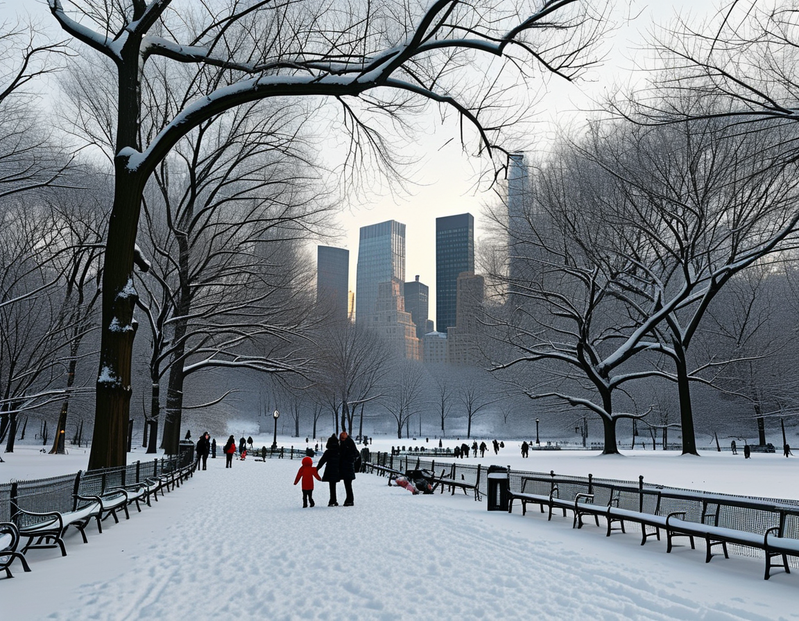 The Nebraska football team engaging in a fun snowball fight in Central Park, showcasing the playful spirit and excitement of winter festivities on Christmas Day.