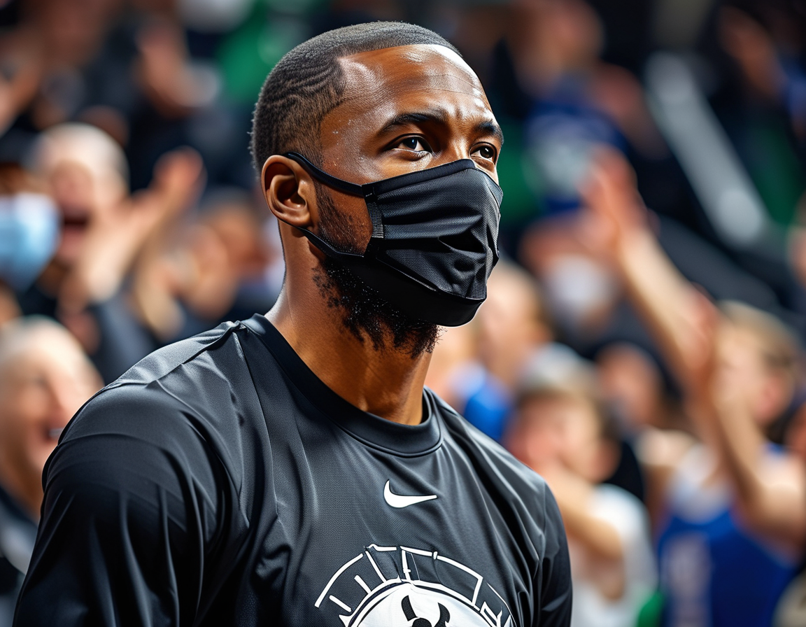 Joel Embiid wearing a black mask, confidently shooting a free throw as fans cheer in the background, showcasing his resilience and leadership in the game against the Celtics.
