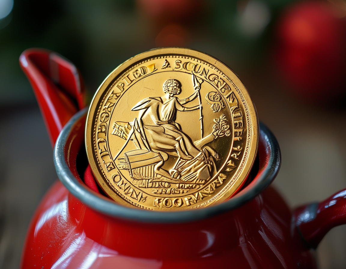 A close-up of a shiny South African Krugerrand resting in a red Salvation Army kettle, symbolizing unexpected generosity and community spirit during the holidays.
