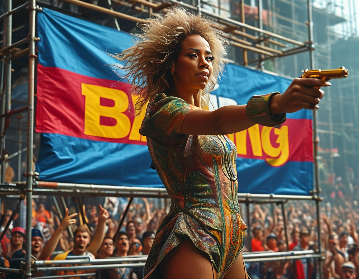 An electrifying scene from the NFL halftime show, showcasing Beyoncé atop a scaffold making a finger-gun gesture, with a vibrant 'Bang' banner unfurling behind her. The crowd is captivated, blending excitement and surprise.