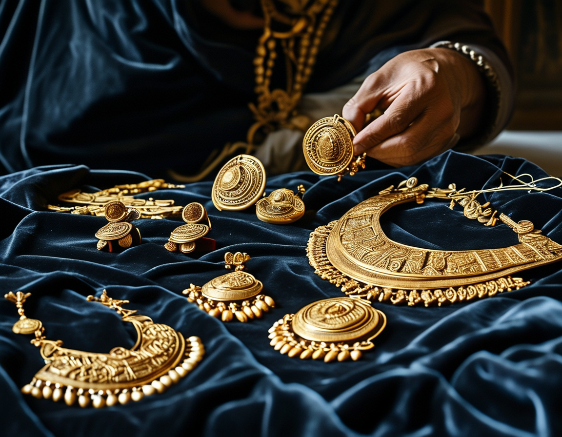 An archaeologist examining intricate gold jewelry displayed on a dark velvet cloth, showcasing stunning earrings, rings, and a delicate necklace with intricate designs, symbolizing ancient Greek craftsmanship.