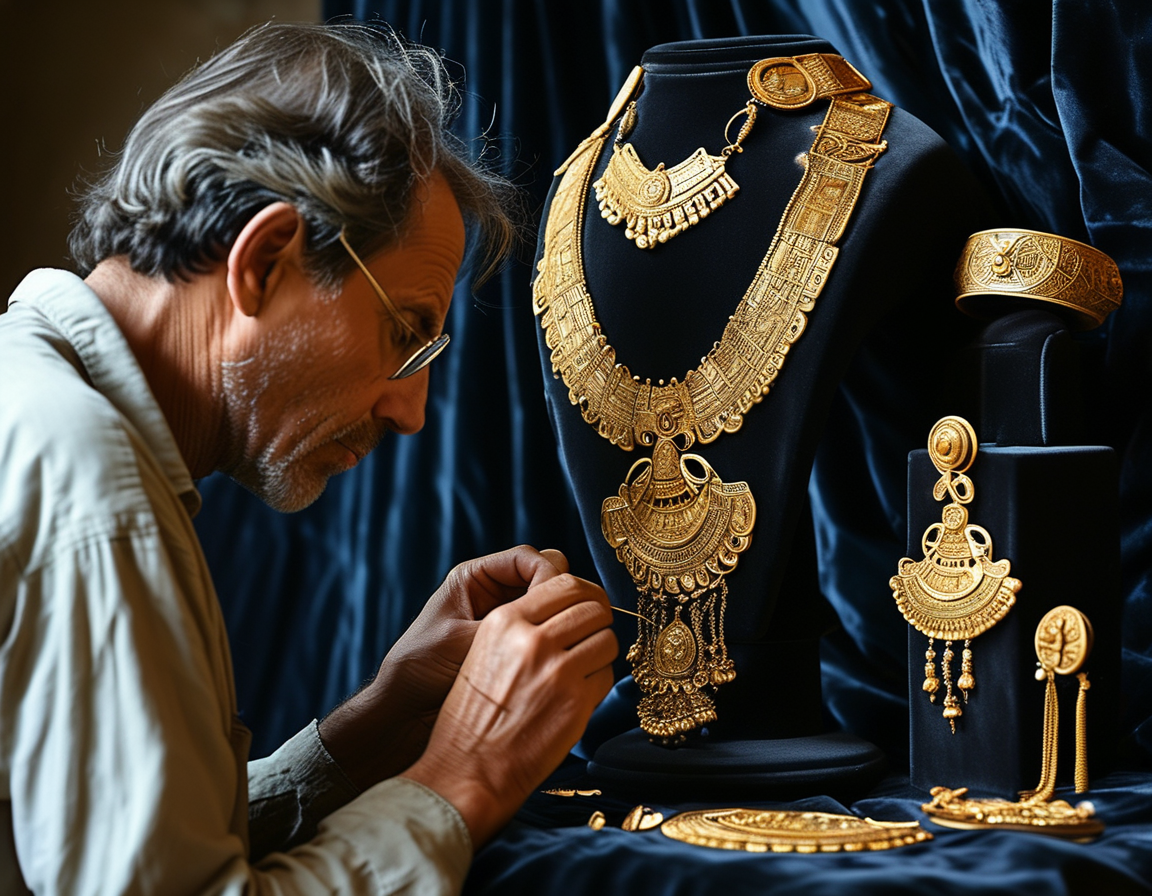 A close-up of a beautifully crafted gold necklace with ornate engravings alongside a few ancient artifacts, illustrating the luxurious adornments of individuals from 2,300 years ago.