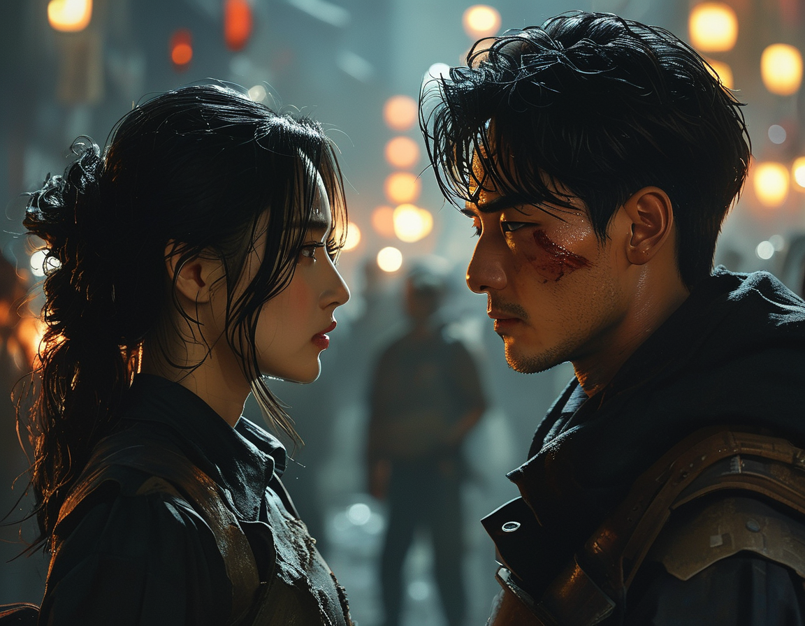An intense moment between Gi-hun and the Recruiter, showcasing their contrasting personalities and moral dilemmas against a dark, chaotic backdrop. The scene encapsulates the tension of survival within a capitalist game.