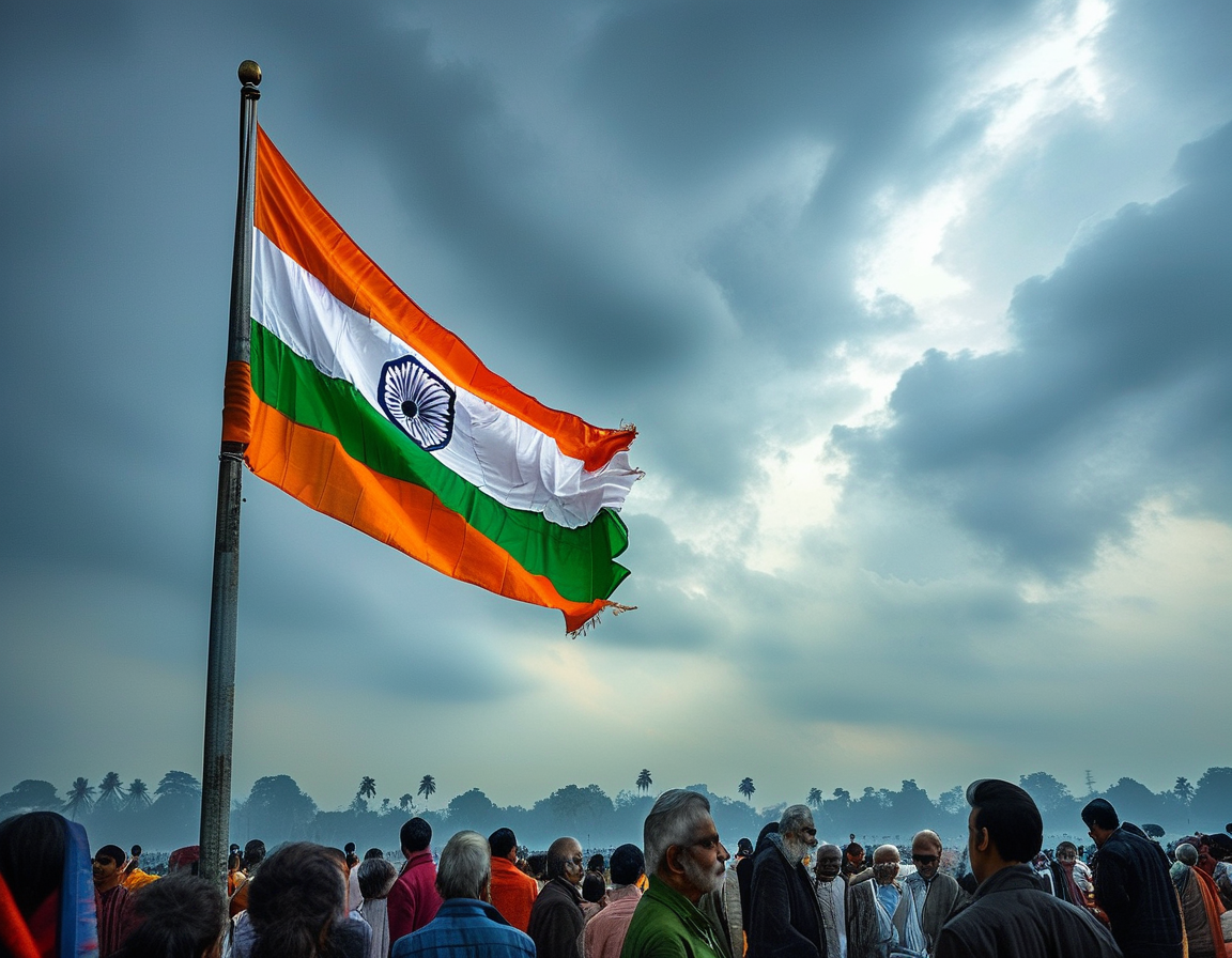 A somber scene of the Indian national flag flying at half-mast against a cloudy sky, symbolizing the nation's mourning for Manmohan Singh. People gathered quietly in public spaces, reflecting on his legacy, adds to the atmosphere of remembrance.