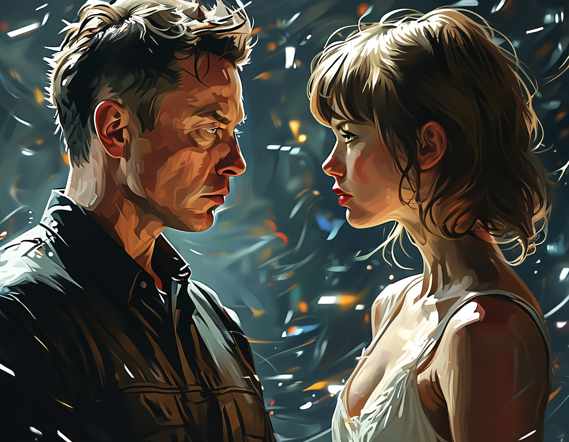 A digital artwork depicting Elon Musk and Taylor Swift in a tense standoff, with social media icons swirling around them, symbolizing the conflict in the digital landscape.