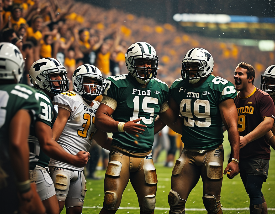A dramatic capture of a college football game showing Toledo players celebrating their victory over Pittsburgh, with fans cheering in the background amidst a vibrant atmosphere at Ford Field.