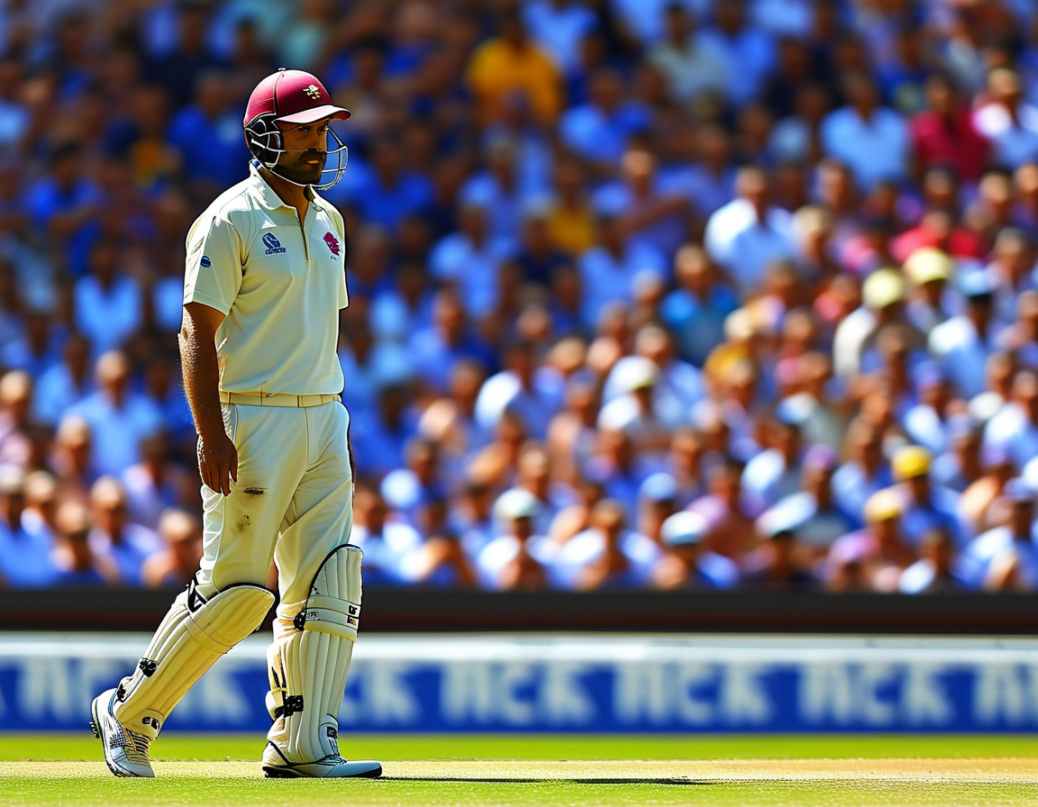 An intense cricket scene showing Rohit Sharma, looking pensive on the field with a crowd in the background, symbolizing the pressure of leadership and the weight of his decisions during the MCG Test.