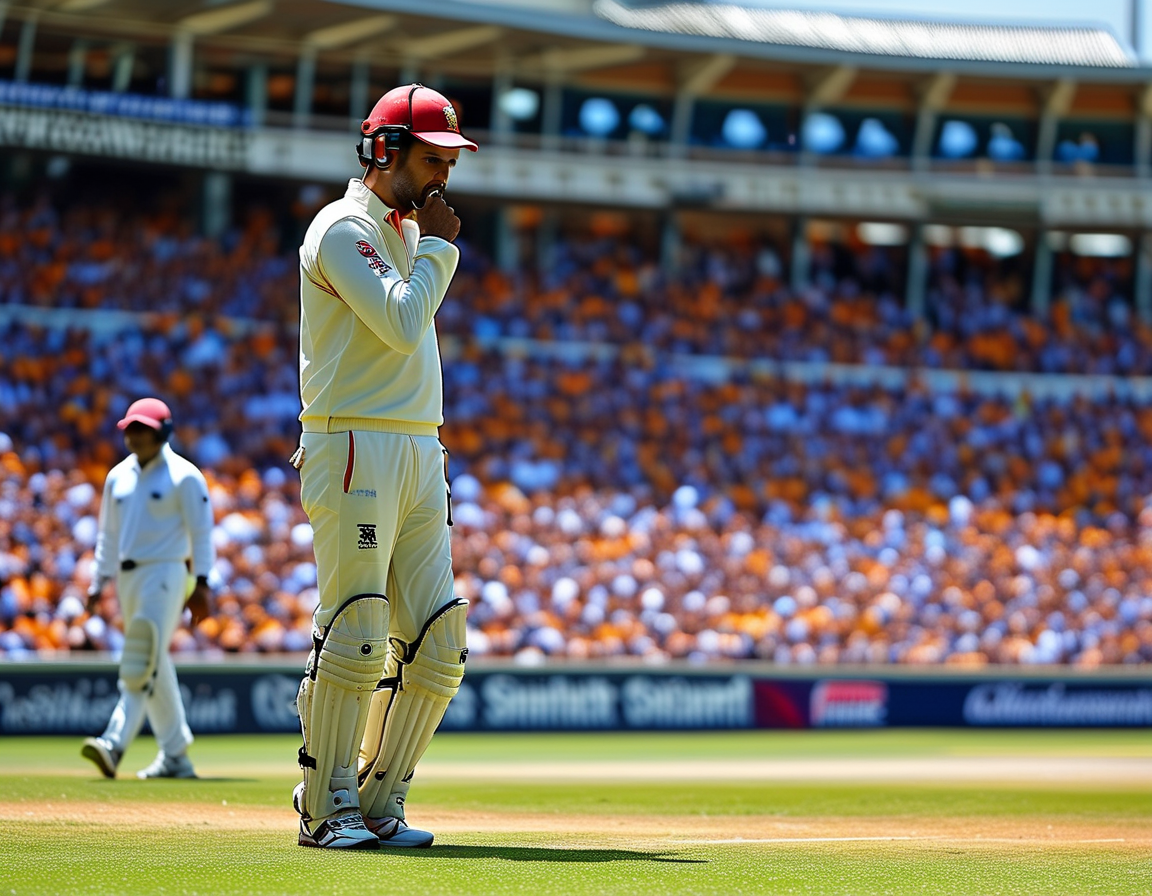 A zoomed-in shot of Rohit Sharma contemplating his strategy, with fans in the stands appearing anxious, reflecting the critical moment of judgment in the match.
