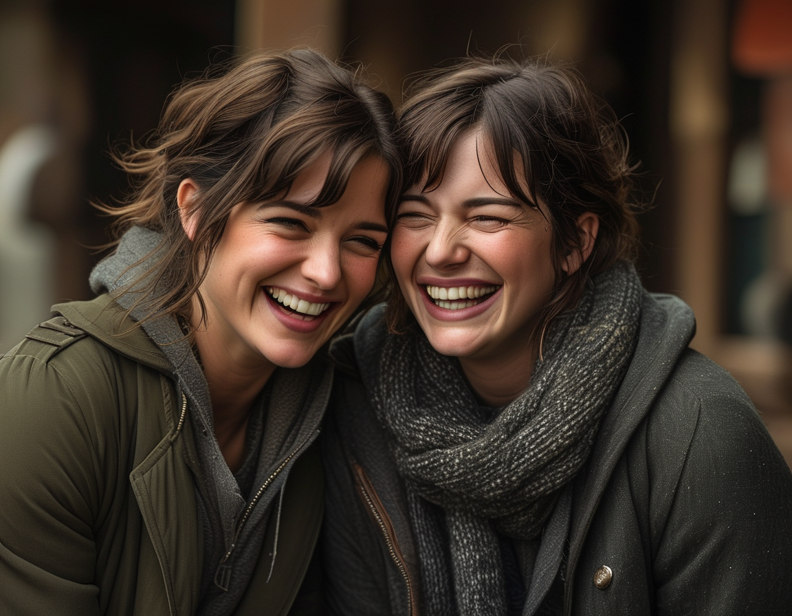 A scene from the show Laid, featuring Amanda Knox laughing with Zosia Mamet on set, capturing a warm moment that contrasts with the darker themes of the show.