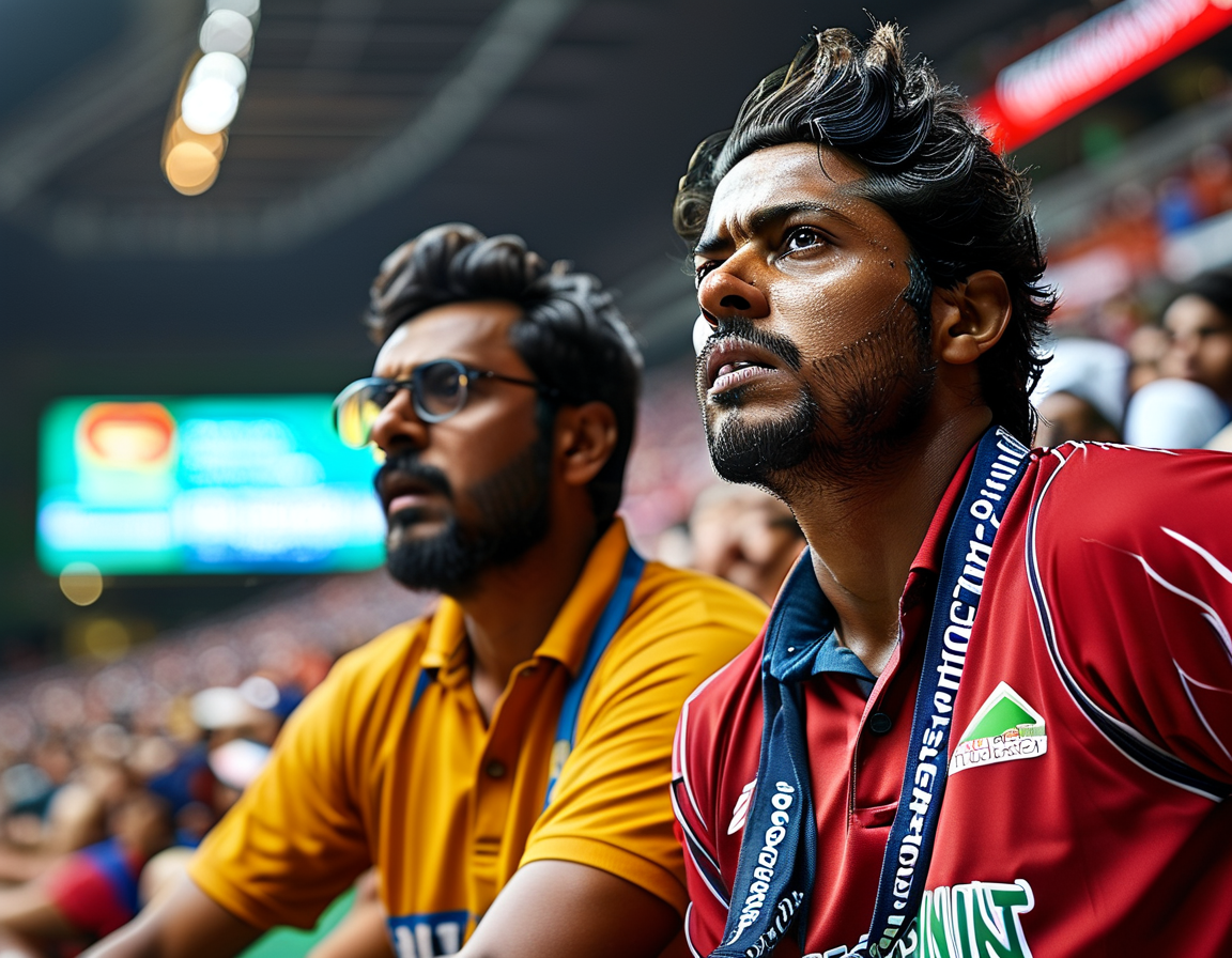 A tense moment in a cricket match showing Indian players in the pavilion looking worried after the early dismissals of Rohit Sharma and KL Rahul, with scores displayed on a large scoreboard in the background.