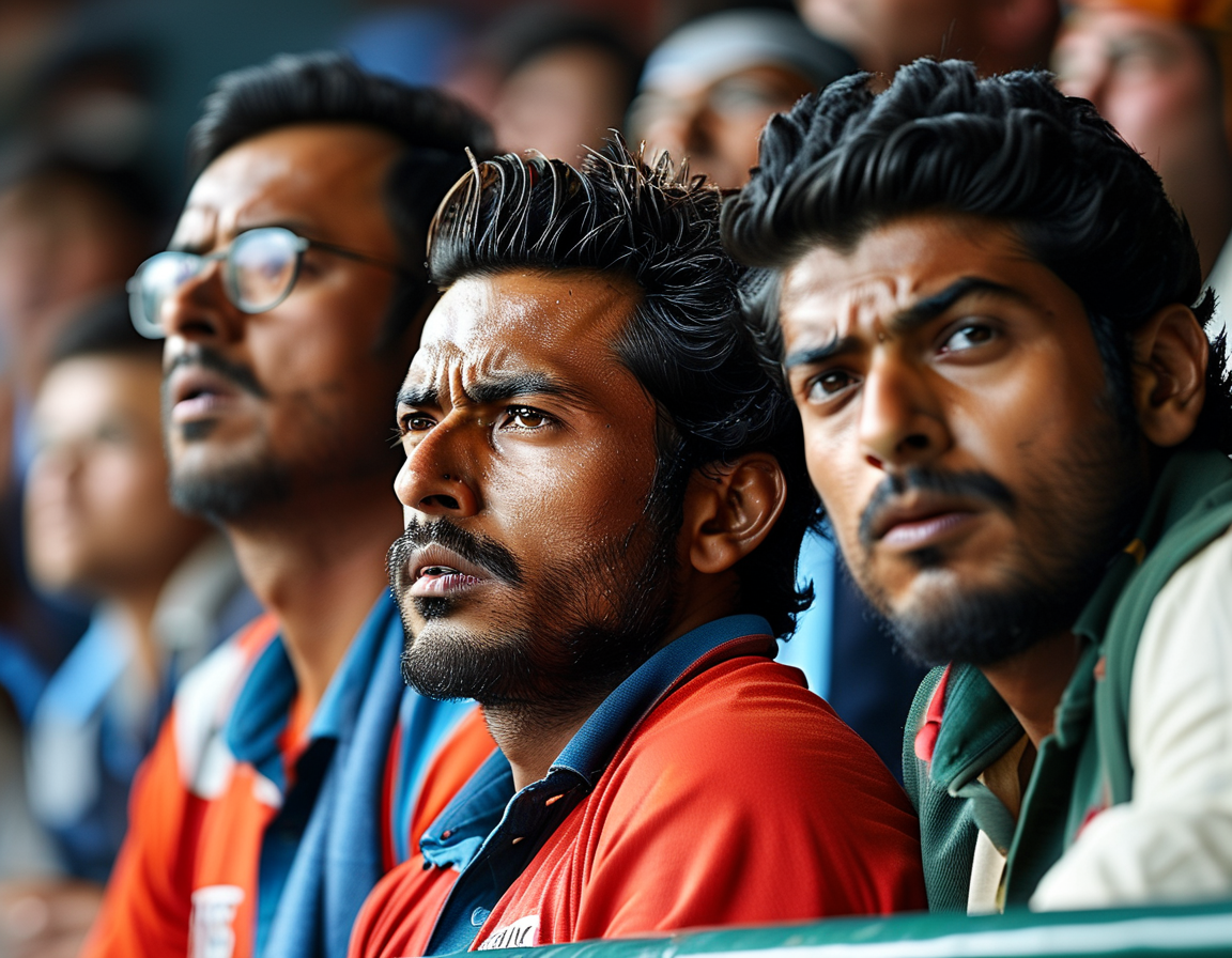 Close-up of fans in the stadium with mixed expressions of hope and anxiety as they cheer for India while glancing at the scoreboard indicating Australia's high score.