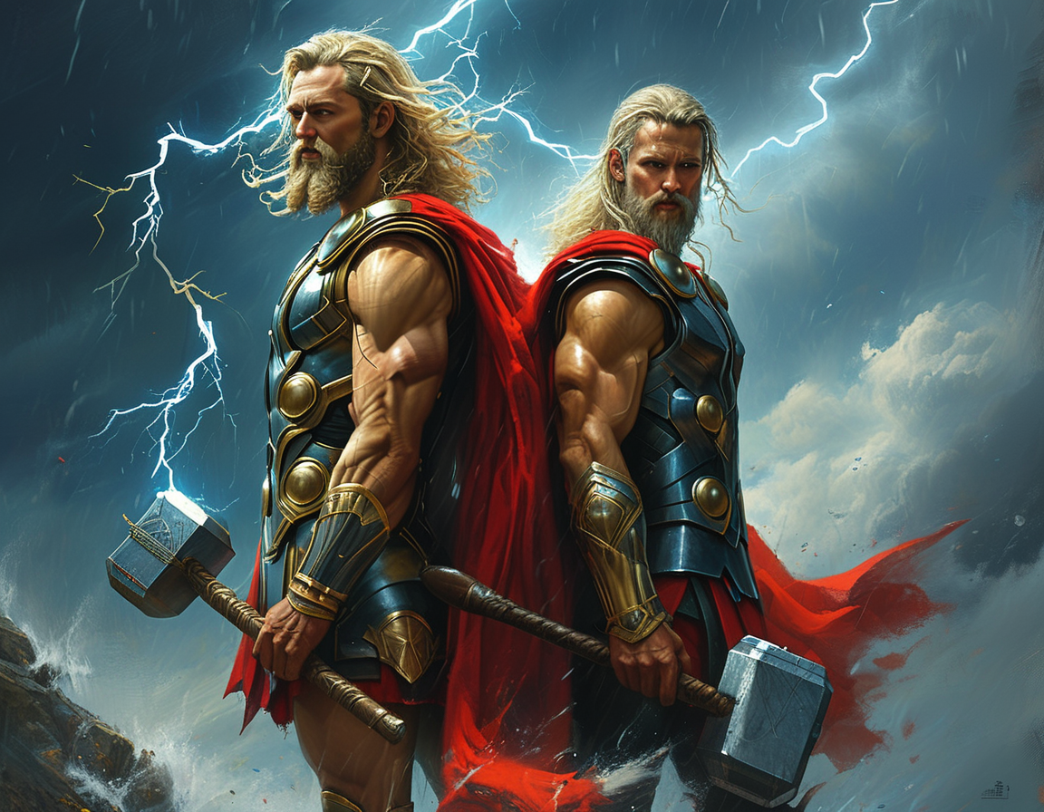 An artistic representation of Zeus and Thor, standing back-to-back amidst stormy skies, with Zeus wielding a lightning bolt and Thor brandishing his hammer Mjölnir. The contrast of their expressions shows Zeus's authoritative demeanor beside Thor's warrior spirit.