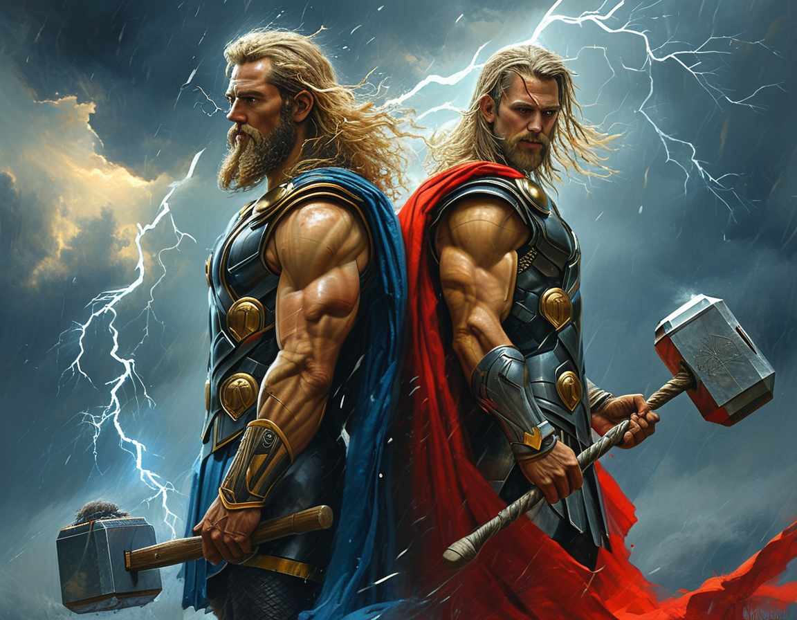 A vivid illustration of Mount Olympus, where Zeus rules, portrayed alongside Asgard, home of Thor. Lightning crackles above Zeus, while Thor readies his hammer against mythical foes in the background.