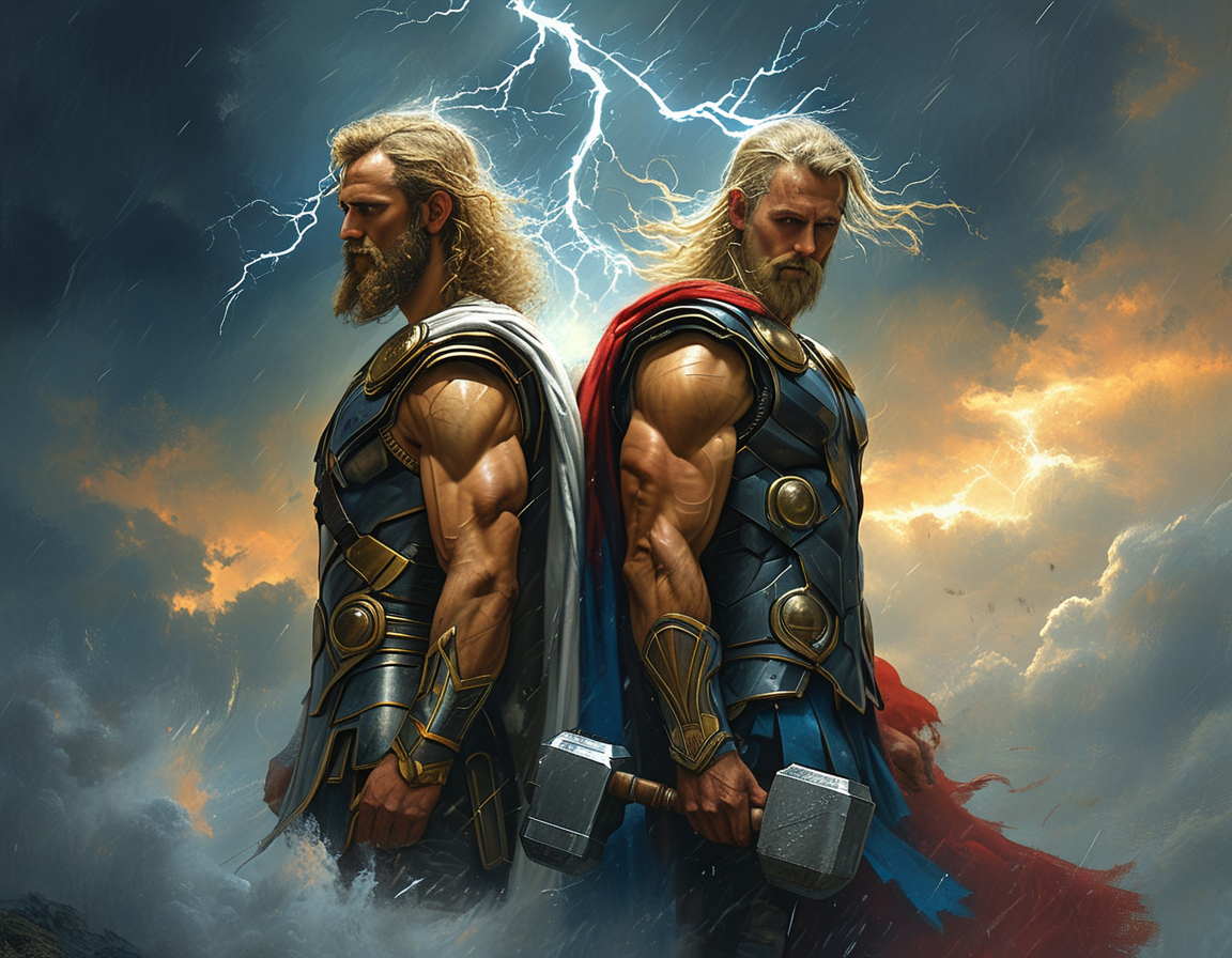 A dramatic scene depicting Zeus summoning a storm with thunderbolts, while Thor is seen battling giants, showcasing their contrasting approaches to thunder and power.