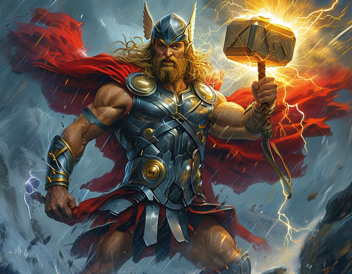 An epic clash between Zeus and Thor, showcasing Zeus wielding lightning bolts in a majestic pose, while Thor brandishes his Mjolnir, surrounded by dynamic energy and a visually striking landscape reflecting their mythological realms.