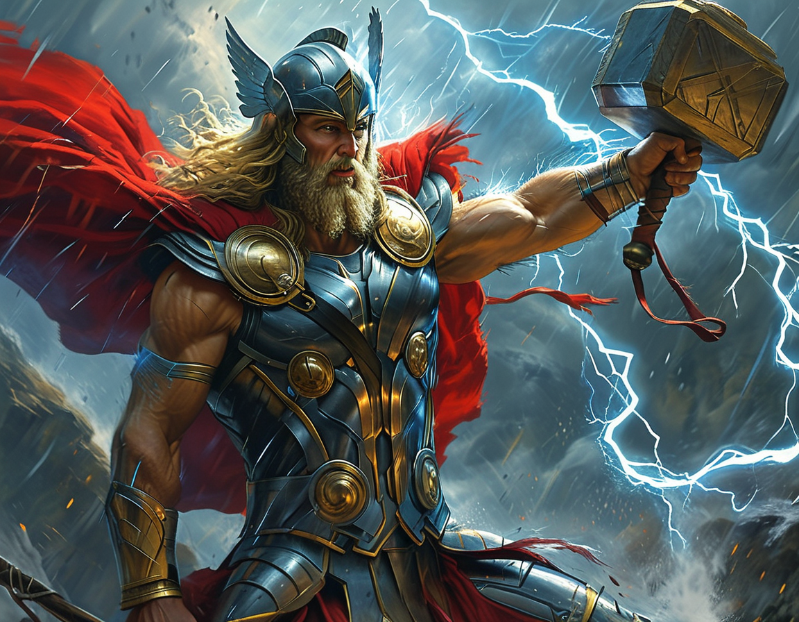 A dramatic scene illustrating Zeus on his throne in Olympus, with a thunderstorm brewing outside, contrasting with Thor battling cosmic foes in Asgard, highlighting their different personalities and mythologies.