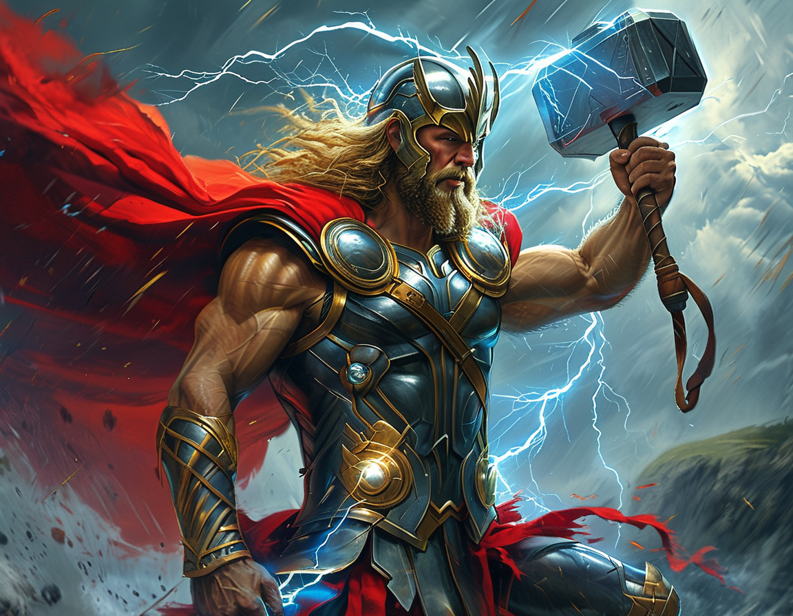 An artistic rendering of Zeus and Thor side by side, depicting their respective symbols of power, Zeus's lightning bolt and Thor's hammer Mjolnir, overlaid with imagery from their cinematic adventures.