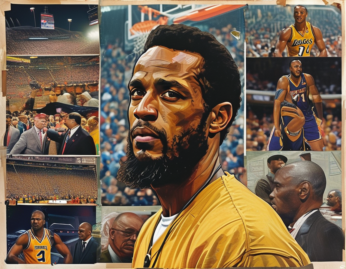 A heartfelt collage showcasing Greg Gumbel's iconic moments in sports broadcasting, featuring him at various events like the Super Bowl and NBA games, exuding charisma and professionalism.