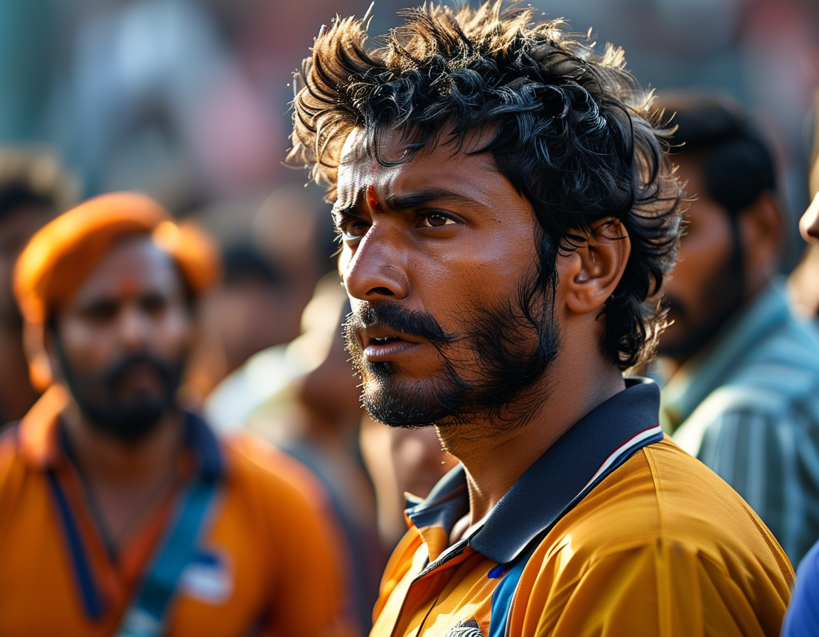 An intense moment from a cricket match showing Team India's players on the field, with a focus on Nitish Kumar Reddy contemplating his role as pressure builds from the opposition.
