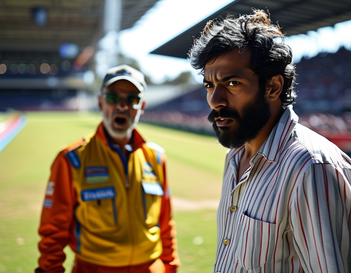 A dramatic scene of cricket fans in the stands reacting in disbelief as Rishabh Pant throws away his wicket, while Sunil Gavaskar's critical commentary echoes across the stadium.