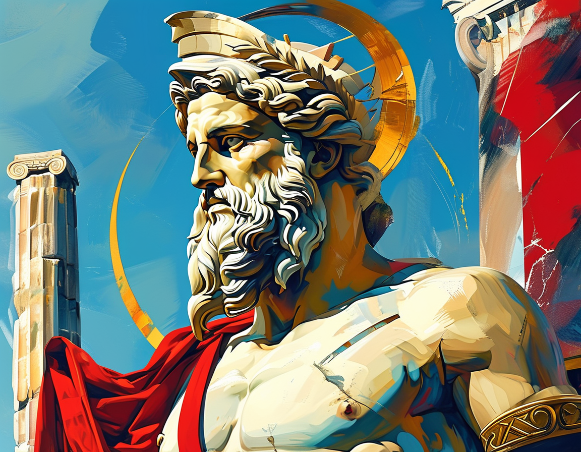 An artistic depiction of ancient Greek gods like Zeus and Athena surrounded by vibrant modern elements, symbolizing the blend of ancient and modern Greek culture.