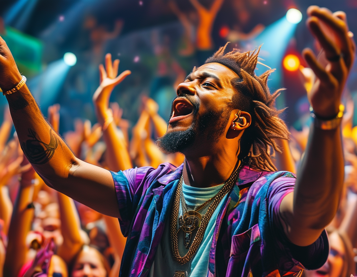 A vibrant collage featuring OG Maco performing on stage, with fans in the background raising their hands in excitement, capturing the energy and connection he fostered through his music.