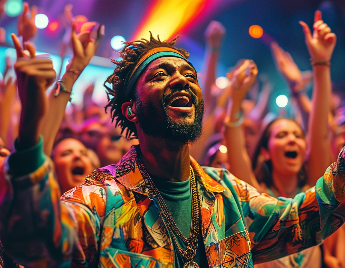 A close-up of OG Maco's expressive face while rapping, showing his passion and dedication to his art, complemented by colorful stage lighting that enhances the atmosphere.