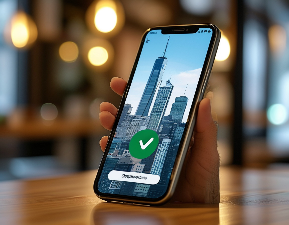 A smartphone displaying the new app designed for migrants, featuring a prominent alert button and a calming background, symbolizing safety and connectivity.