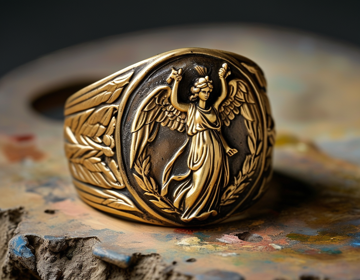 A close-up of the ancient gold ring adorned with the image of Venus the Victorious, resting on a palette of earthy excavation materials, symbolizing its historical significance.