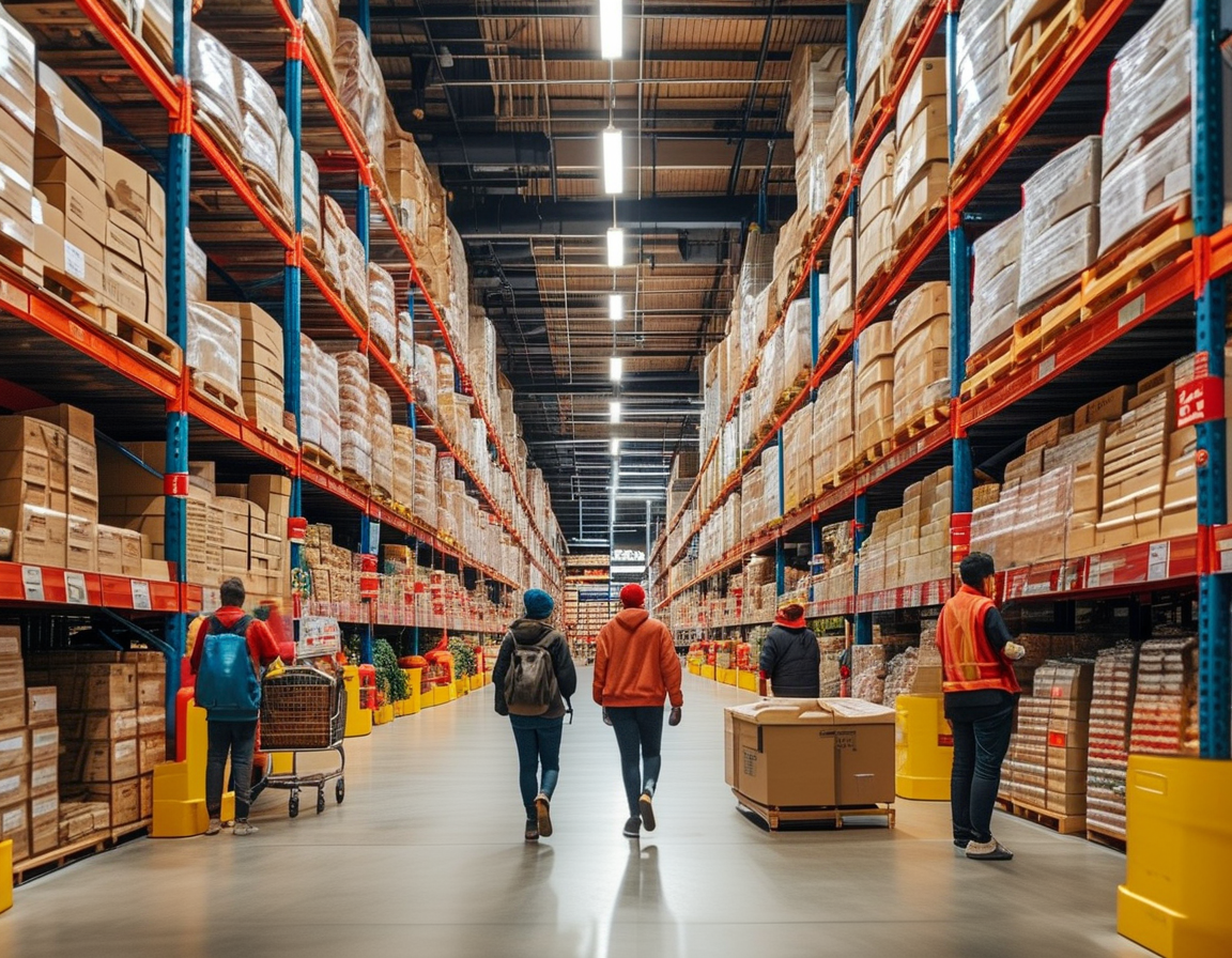 A vibrant Costco warehouse filled with diverse employees assisting a diverse group of customers, showcasing a lively shopping environment that reflects inclusivity.