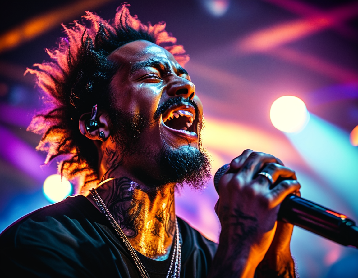 A poignant image of OG Maco on stage, passionately performing with vibrant lights highlighting his expressive energy, capturing the essence of his artistic journey.