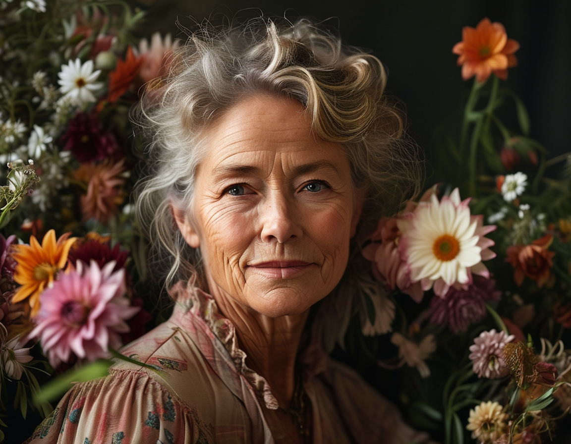 A tribute photo of Olivia Hussey Eisley smiling warmly, surrounded by flowers, capturing her essence as an inspiring actress and beloved family member.