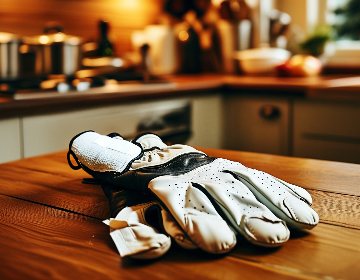 A close-up of a golf glove with a small bandage visible, resting on a wooden kitchen countertop, emphasizing the surprising intersection of holiday cooking and sports injuries.