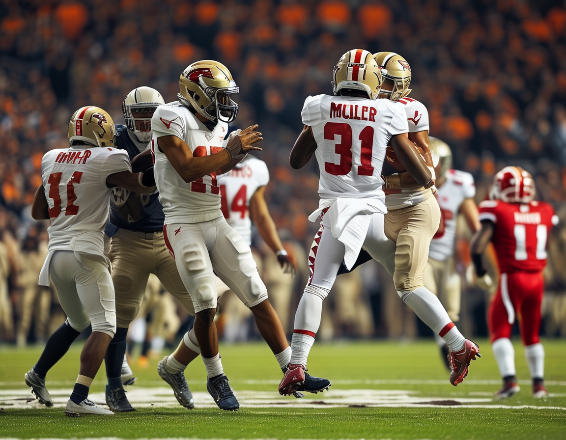 An intense football matchup between the Rams and Cardinals, showcasing Rams players tackling Kyler Murray, with a crowded stadium in the background driving suspense during the game.