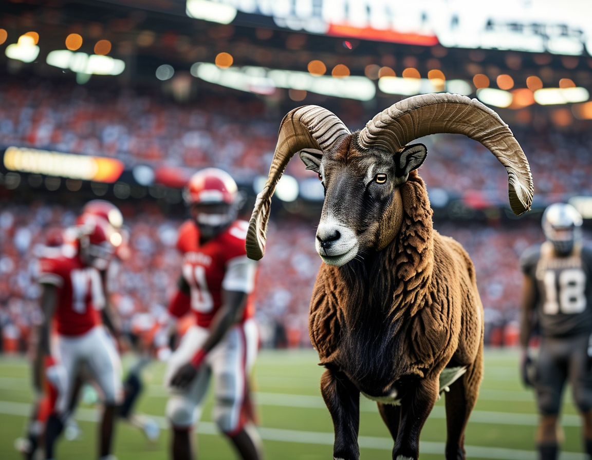 A close-up of Rams linebacker Omar Speights in action during a game, demonstrating grit and focus while preparing to tackle the Cardinals' running back.