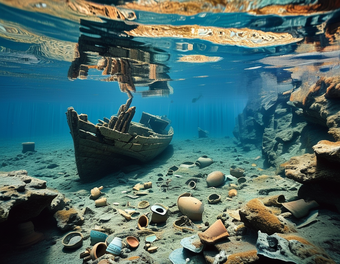 An underwater view of the ancient shipwreck near Ayvalık, showing the remains of the vessel and scattered ceramics on the ocean floor, reflecting a historical treasure.