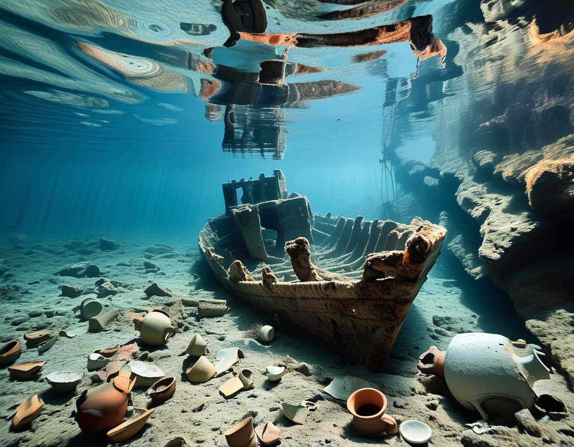 Archaeologists examining ancient ceramic plates at the shipwreck site, showcasing the intricate designs and craftsmanship that highlights the significance of maritime trade.