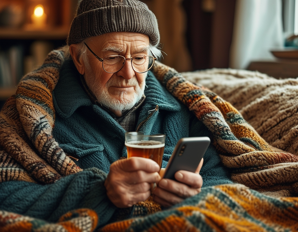 An older adult checking a weather app on their smartphone while dressed in layers of clothing, surrounded by a cozy living space with a warm blanket and a cup of tea, illustrating the importance of staying informed about weather conditions and dressing appropriately.