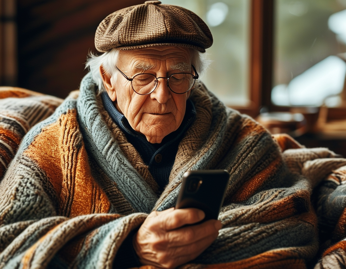 An older adult conversing with family over a video call, emphasizing the connection between mental well-being and social interaction, especially during uncertain weather.