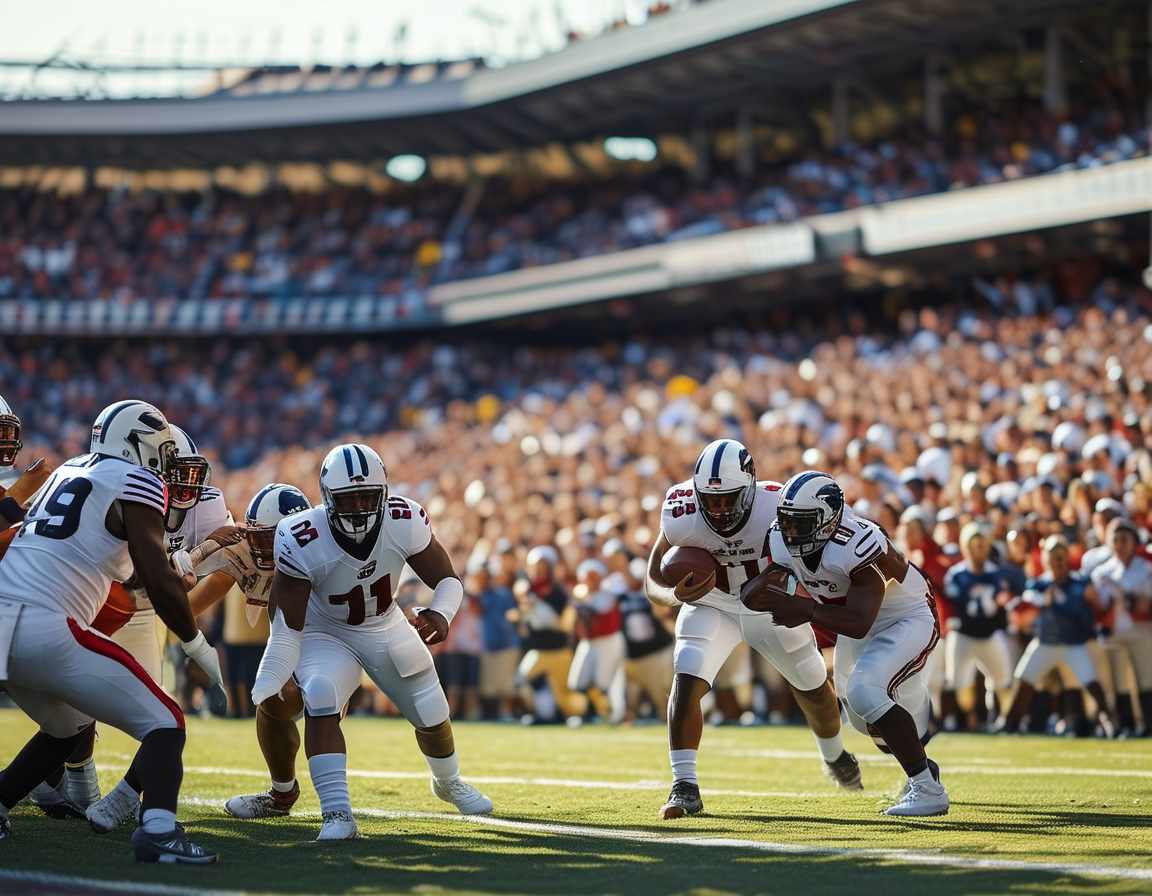An intense football game scene showing the Washington Commanders and Atlanta Falcons in action, with players vying for the ball and fans cheering passionately in the stands.