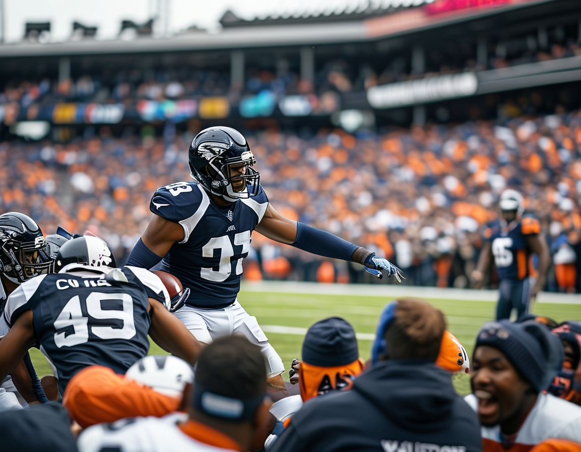 A close-up view of rookie quarterback Jayden Daniels throwing a pass, displaying the determination on his face while the stadium is packed with fans in the background.
