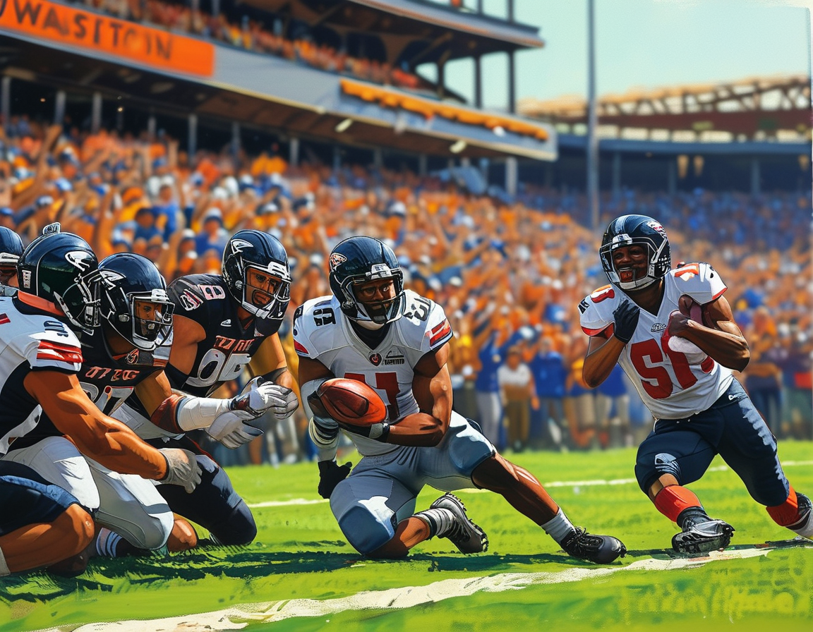 A divided stadium atmosphere depicting Commanders and Falcons fans wearing team colors, capturing the excitement and tension of this crucial playoff-contending game.