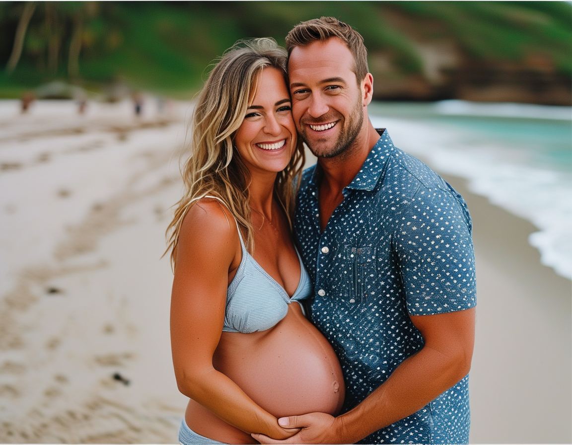 A heartwarming candid moment of Michelle and Mark, smiling together while enjoying a serene beach setting, symbolizing their journey into parenthood.