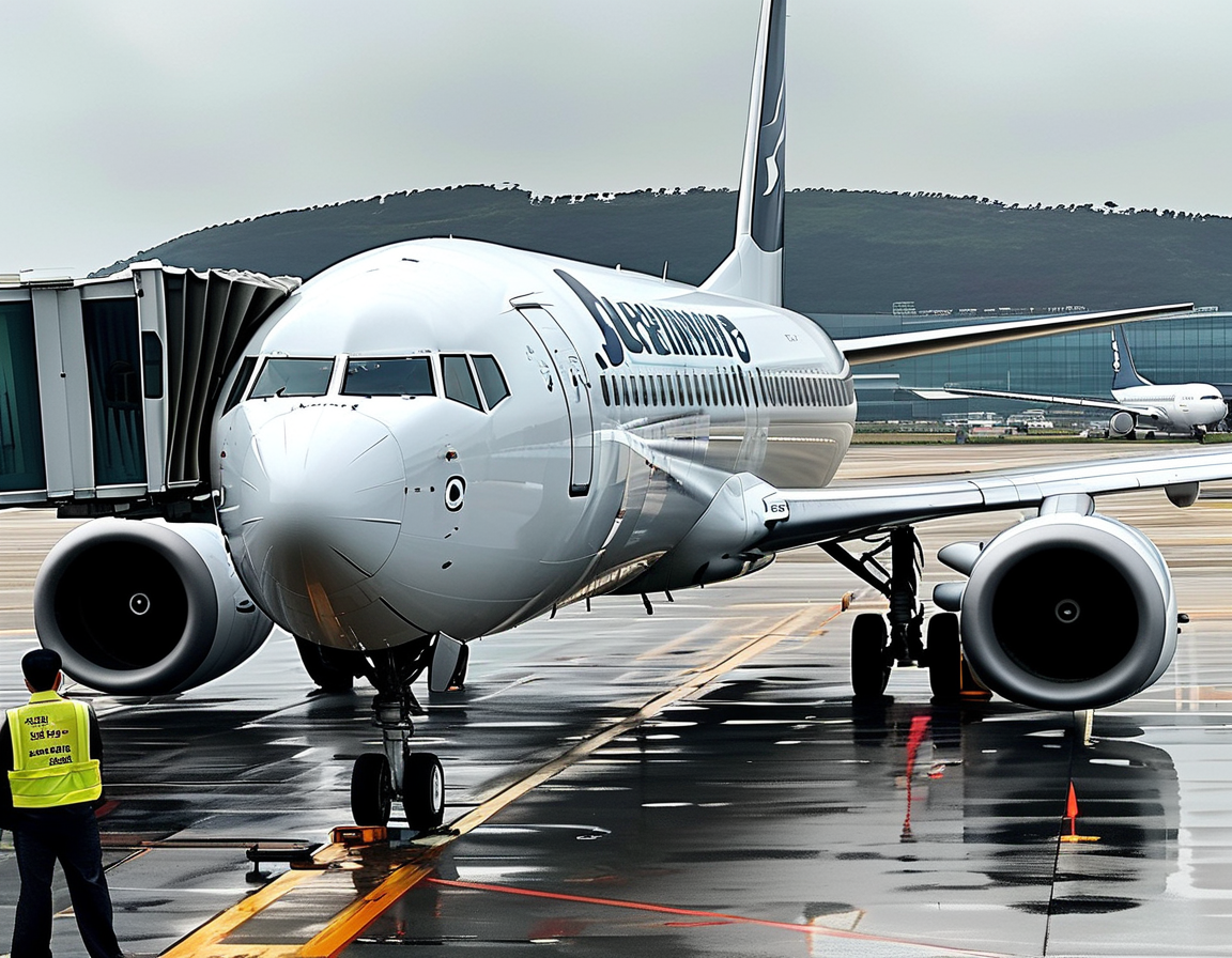 An anxious traveler onboard a plane glancing out the window, reflecting the tension and fear felt during the emergency landing due to landing gear issues.