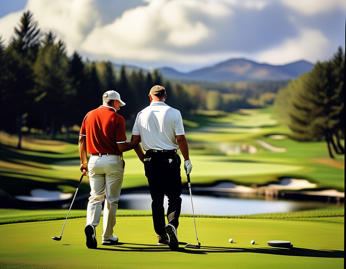 A heartwarming scene of Fred Couples and his stepson Hunter Hanneman practicing golf together, showcasing their strong familial bond amid a scenic golf course backdrop.